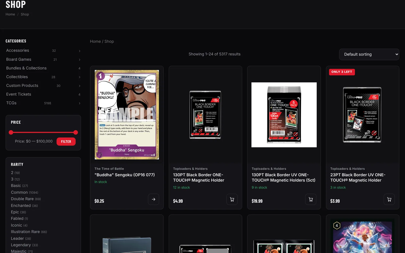 Catalogue filtered by game, rarity, price and condition — what lets the shop carry thousands of SKUs