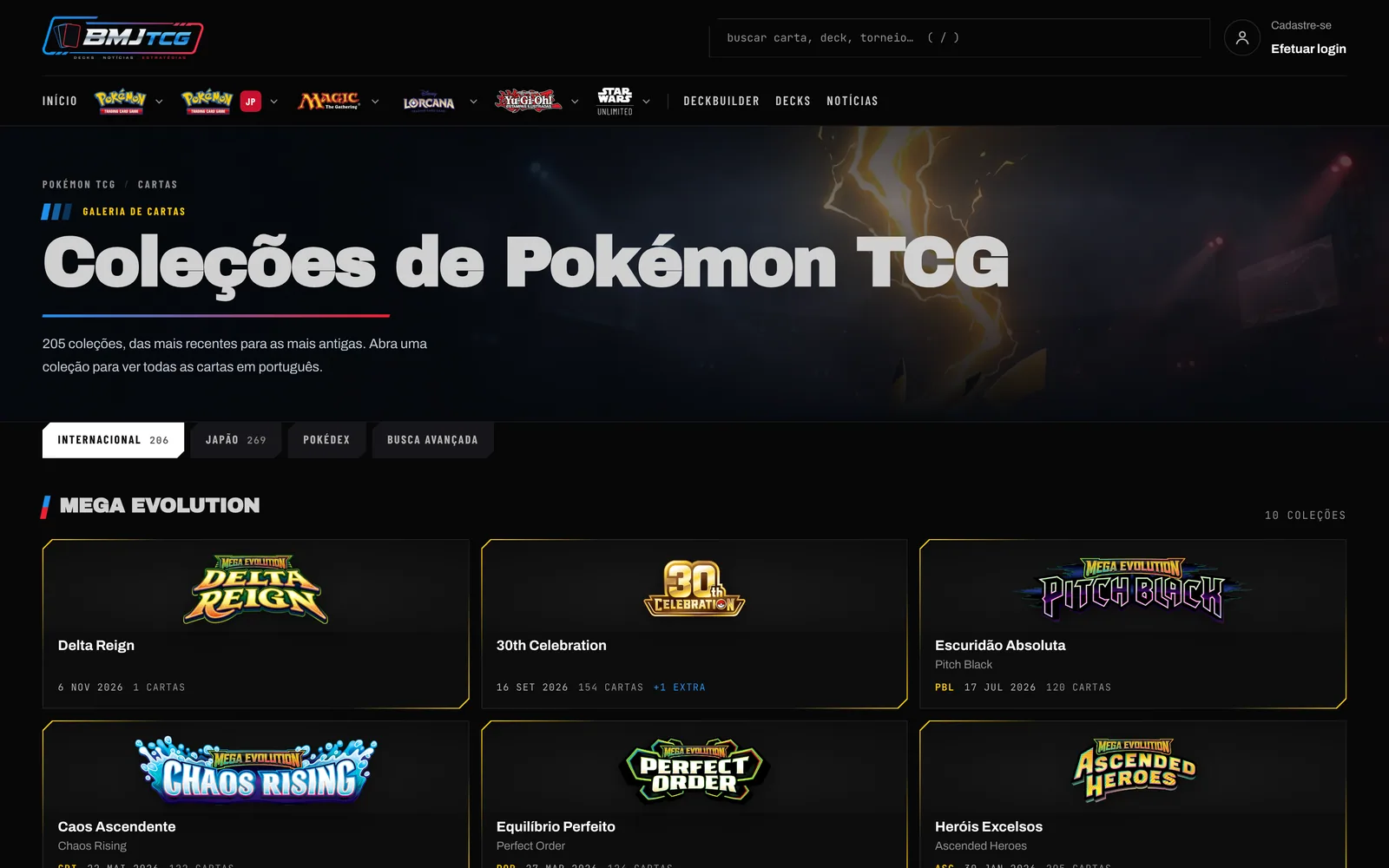 Card gallery with names in Portuguese and English, set code and release date