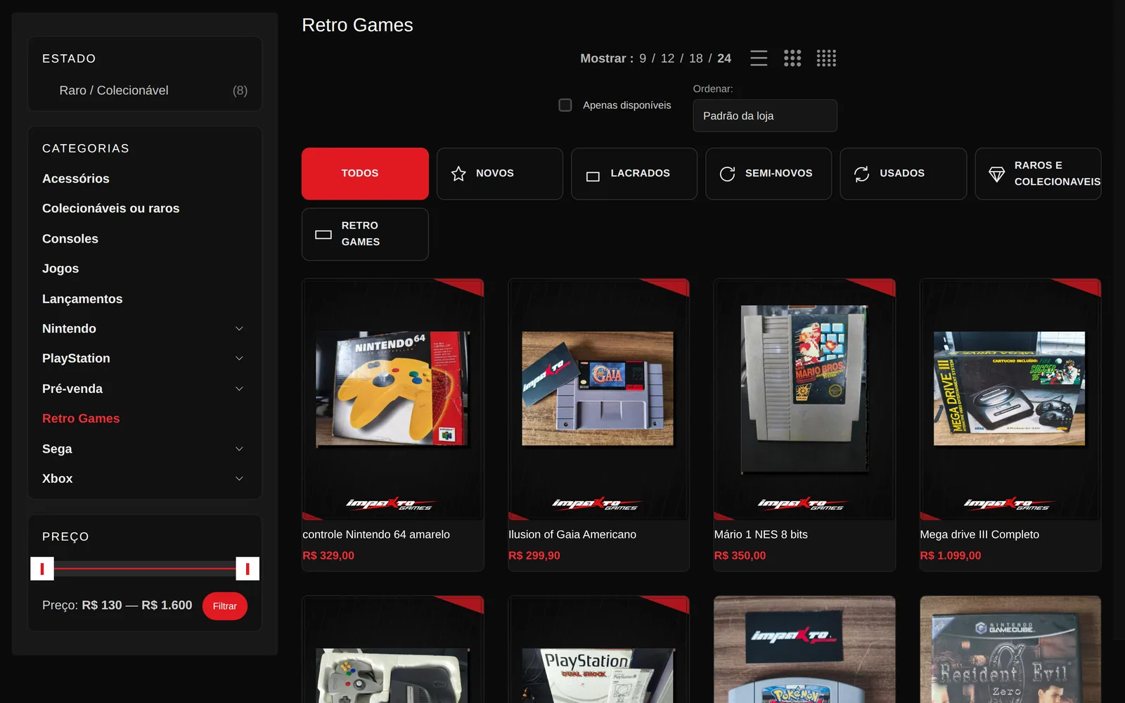 The retro category: every cartridge shot as it is, with condition and price right on the card